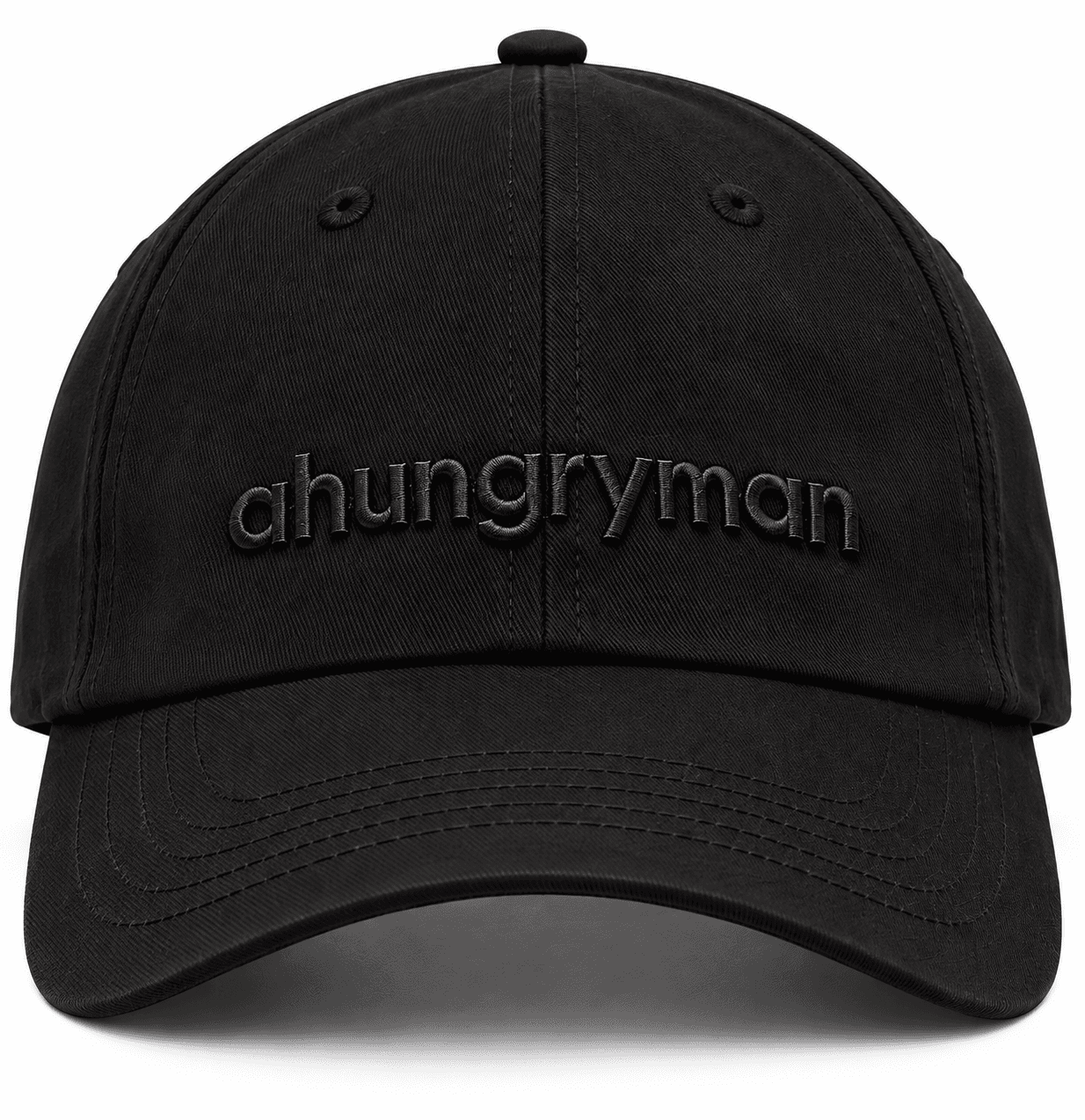 AHUNGRYMAN Embroidered Cap — front, black tonal embroidered "ahungryman" lettering