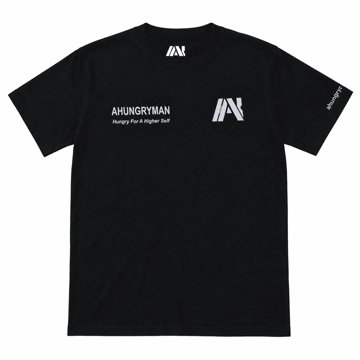 Black AHUNGRYMAN T-Shirt — front, chest print "AHUNGRYMAN — Hungry For A Higher Self"