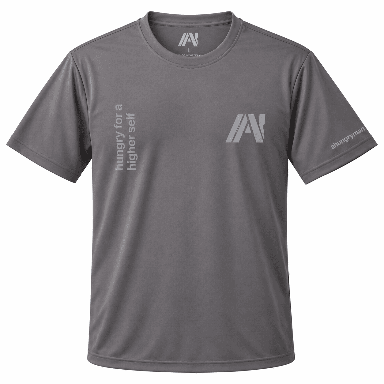 Gray AHUNGRYMAN T-Shirt — front, chest print "AHUNGRYMAN — Hungry For A Higher Self"