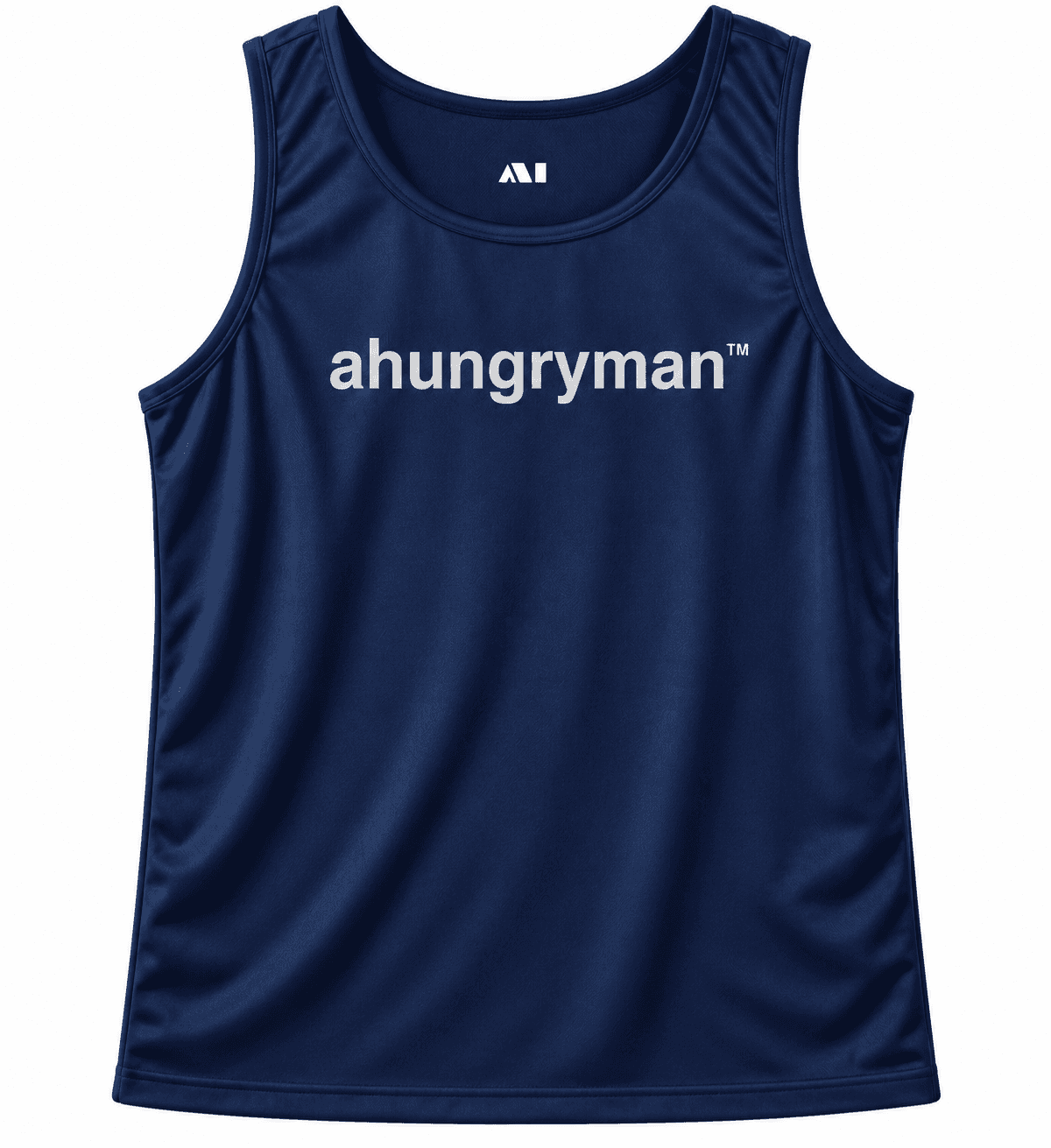 Navy Tank Top — front, white "ahungryman" chest print